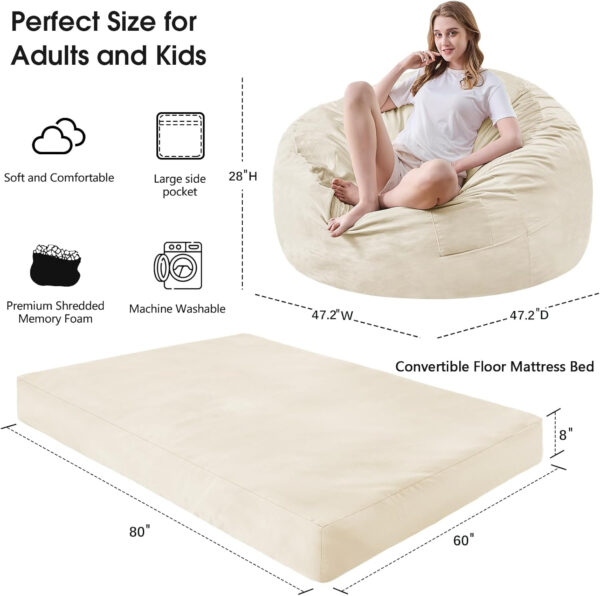 Bean Bag Chairs for Adults - Giant Bean Bag Chair Convertible Bean Bag Bed - Beanbag Chair with Micro Fiber Cover/Furniture Foam Filler - Floor Couch Sofa in Bedroom Dorm Room - Full Charcoal