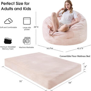 Bean Bag Chairs for Adults - Giant Bean Bag Chair Convertible Bean Bag Bed - Beanbag Chair with Micro Fiber Cover/Furniture Foam Filler - Floor Couch Sofa in Bedroom Dorm Room - Full Charcoal