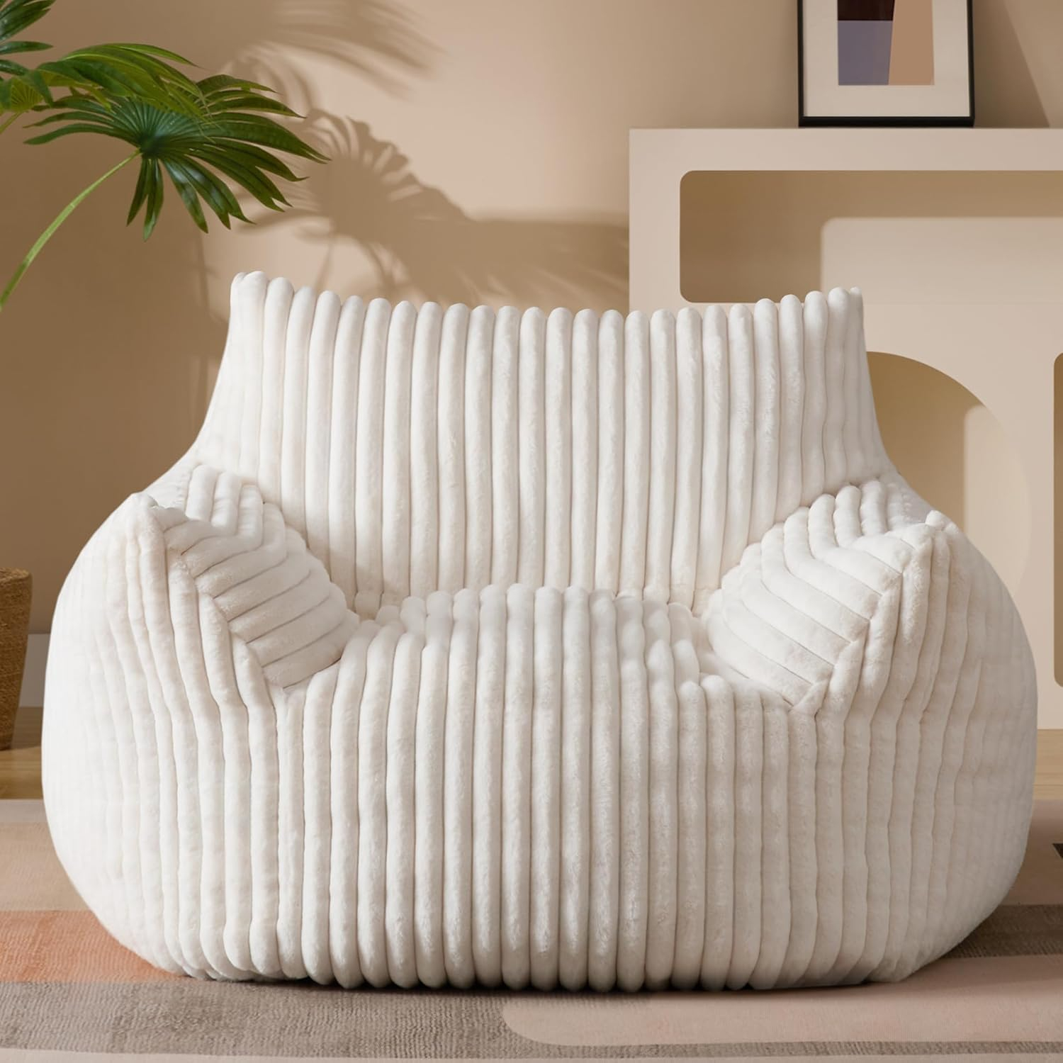 6887df6e7381dab7368b4bf7dbc7a22e16babb6c93ef846b76b22.jpg Giant Plush Bean Bag Chair for Adults with Armrests - Oversized Comfy Beige Beanbag Lounge Lazy Floor Sofa Accent Chair for Living Room, Bedroom & Dorm, Cozy Fluffy Single Cloud Mini Couch
