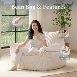Giant Plush Bean Bag Chair for Adults with Armrests - Oversized Comfy Beige Beanbag Lounge Lazy Floor Sofa Accent Chair for Living Room, Bedroom & Dorm, Cozy Fluffy Single Cloud Mini Couch