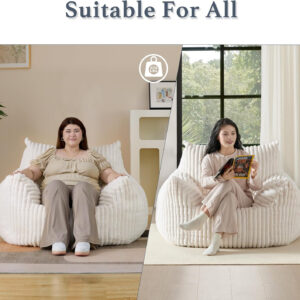 Giant Plush Bean Bag Chair for Adults with Armrests - Oversized Comfy Beige Beanbag Lounge Lazy Floor Sofa Accent Chair for Living Room, Bedroom & Dorm, Cozy Fluffy Single Cloud Mini Couch