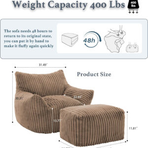 Giant Plush Bean Bag Chair for Adults with Armrests - Oversized Comfy Beige Beanbag Lounge Lazy Floor Sofa Accent Chair for Living Room, Bedroom & Dorm, Cozy Fluffy Single Cloud Mini Couch