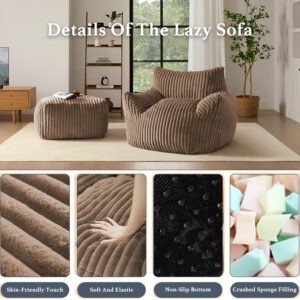 Giant Plush Bean Bag Chair for Adults with Armrests - Oversized Comfy Beige Beanbag Lounge Lazy Floor Sofa Accent Chair for Living Room, Bedroom & Dorm, Cozy Fluffy Single Cloud Mini Couch