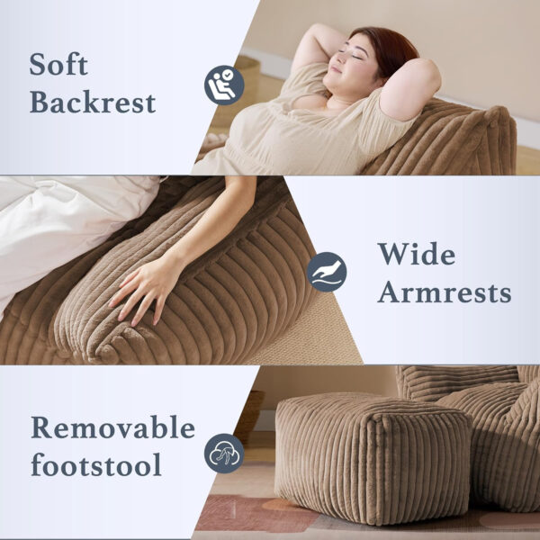 Giant Plush Bean Bag Chair for Adults with Armrests - Oversized Comfy Beige Beanbag Lounge Lazy Floor Sofa Accent Chair for Living Room, Bedroom & Dorm, Cozy Fluffy Single Cloud Mini Couch