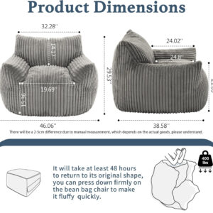 Giant Plush Bean Bag Chair for Adults with Armrests - Oversized Comfy Beige Beanbag Lounge Lazy Floor Sofa Accent Chair for Living Room, Bedroom & Dorm, Cozy Fluffy Single Cloud Mini Couch