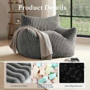 Giant Plush Bean Bag Chair for Adults with Armrests - Oversized Comfy Beige Beanbag Lounge Lazy Floor Sofa Accent Chair for Living Room, Bedroom & Dorm, Cozy Fluffy Single Cloud Mini Couch