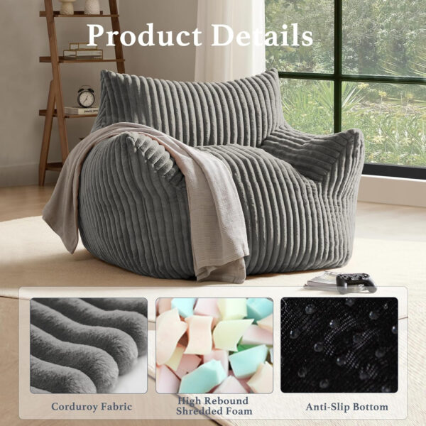 Giant Plush Bean Bag Chair for Adults with Armrests - Oversized Comfy Beige Beanbag Lounge Lazy Floor Sofa Accent Chair for Living Room, Bedroom & Dorm, Cozy Fluffy Single Cloud Mini Couch