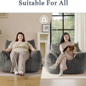 Giant Plush Bean Bag Chair for Adults with Armrests - Oversized Comfy Beige Beanbag Lounge Lazy Floor Sofa Accent Chair for Living Room, Bedroom & Dorm, Cozy Fluffy Single Cloud Mini Couch