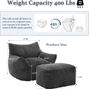 Giant Plush Bean Bag Chair for Adults with Armrests - Oversized Comfy Beige Beanbag Lounge Lazy Floor Sofa Accent Chair for Living Room, Bedroom & Dorm, Cozy Fluffy Single Cloud Mini Couch