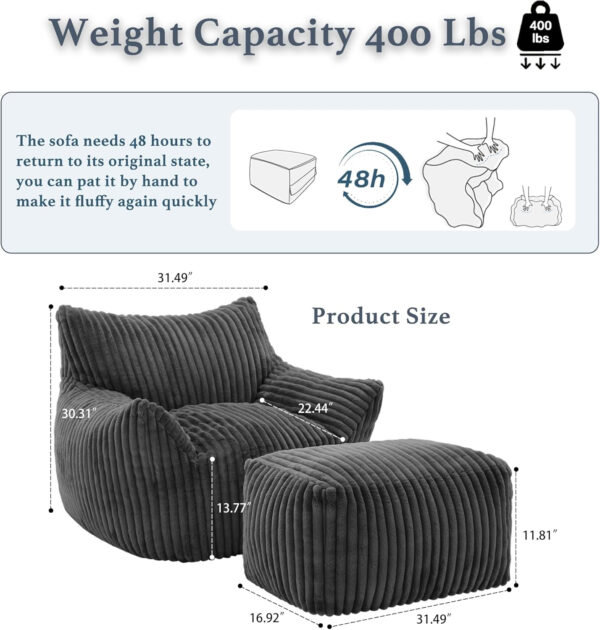 Giant Plush Bean Bag Chair for Adults with Armrests - Oversized Comfy Beige Beanbag Lounge Lazy Floor Sofa Accent Chair for Living Room, Bedroom & Dorm, Cozy Fluffy Single Cloud Mini Couch