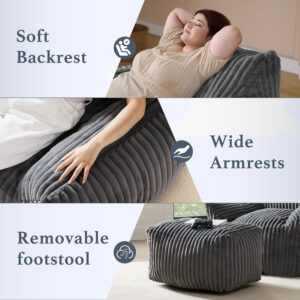 Giant Plush Bean Bag Chair for Adults with Armrests - Oversized Comfy Beige Beanbag Lounge Lazy Floor Sofa Accent Chair for Living Room, Bedroom & Dorm, Cozy Fluffy Single Cloud Mini Couch