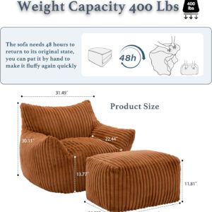 Giant Plush Bean Bag Chair for Adults with Armrests - Oversized Comfy Beige Beanbag Lounge Lazy Floor Sofa Accent Chair for Living Room, Bedroom & Dorm, Cozy Fluffy Single Cloud Mini Couch