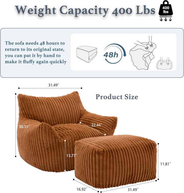 Giant Plush Bean Bag Chair for Adults with Armrests - Oversized Comfy Beige Beanbag Lounge Lazy Floor Sofa Accent Chair for Living Room, Bedroom & Dorm, Cozy Fluffy Single Cloud Mini Couch