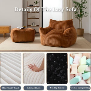 Giant Plush Bean Bag Chair for Adults with Armrests - Oversized Comfy Beige Beanbag Lounge Lazy Floor Sofa Accent Chair for Living Room, Bedroom & Dorm, Cozy Fluffy Single Cloud Mini Couch