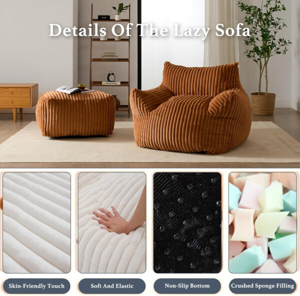 Giant Plush Bean Bag Chair for Adults with Armrests - Oversized Comfy Beige Beanbag Lounge Lazy Floor Sofa Accent Chair for Living Room, Bedroom & Dorm, Cozy Fluffy Single Cloud Mini Couch