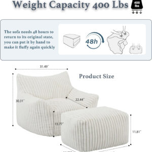 Giant Plush Bean Bag Chair for Adults with Armrests - Oversized Comfy Beige Beanbag Lounge Lazy Floor Sofa Accent Chair for Living Room, Bedroom & Dorm, Cozy Fluffy Single Cloud Mini Couch