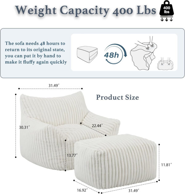 Giant Plush Bean Bag Chair for Adults with Armrests - Oversized Comfy Beige Beanbag Lounge Lazy Floor Sofa Accent Chair for Living Room, Bedroom & Dorm, Cozy Fluffy Single Cloud Mini Couch