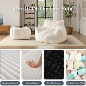 Giant Plush Bean Bag Chair for Adults with Armrests - Oversized Comfy Beige Beanbag Lounge Lazy Floor Sofa Accent Chair for Living Room, Bedroom & Dorm, Cozy Fluffy Single Cloud Mini Couch