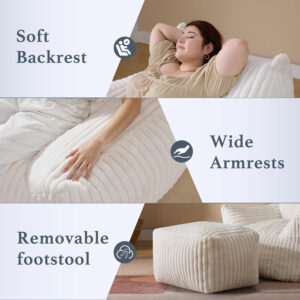 Giant Plush Bean Bag Chair for Adults with Armrests - Oversized Comfy Beige Beanbag Lounge Lazy Floor Sofa Accent Chair for Living Room, Bedroom & Dorm, Cozy Fluffy Single Cloud Mini Couch