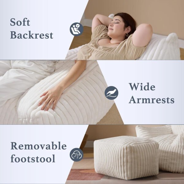 Giant Plush Bean Bag Chair for Adults with Armrests - Oversized Comfy Beige Beanbag Lounge Lazy Floor Sofa Accent Chair for Living Room, Bedroom & Dorm, Cozy Fluffy Single Cloud Mini Couch