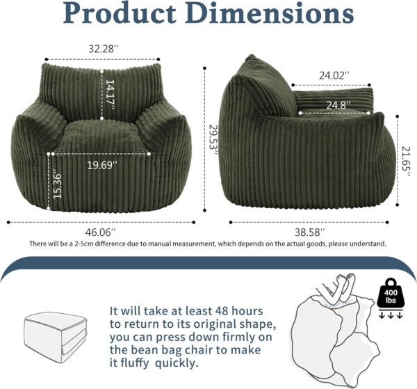 Giant Plush Bean Bag Chair for Adults with Armrests - Oversized Comfy Beige Beanbag Lounge Lazy Floor Sofa Accent Chair for Living Room, Bedroom & Dorm, Cozy Fluffy Single Cloud Mini Couch