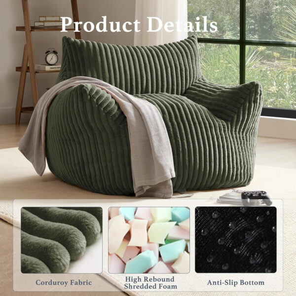 Giant Plush Bean Bag Chair for Adults with Armrests - Oversized Comfy Beige Beanbag Lounge Lazy Floor Sofa Accent Chair for Living Room, Bedroom & Dorm, Cozy Fluffy Single Cloud Mini Couch