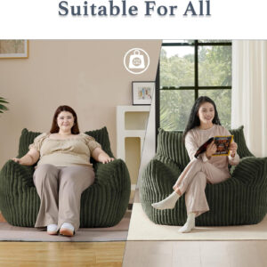 Giant Plush Bean Bag Chair for Adults with Armrests - Oversized Comfy Beige Beanbag Lounge Lazy Floor Sofa Accent Chair for Living Room, Bedroom & Dorm, Cozy Fluffy Single Cloud Mini Couch