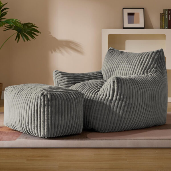Giant Plush Bean Bag Chair for Adults with Armrests - Oversized Comfy Beige Beanbag Lounge Lazy Floor Sofa Accent Chair for Living Room, Bedroom & Dorm, Cozy Fluffy Single Cloud Mini Couch