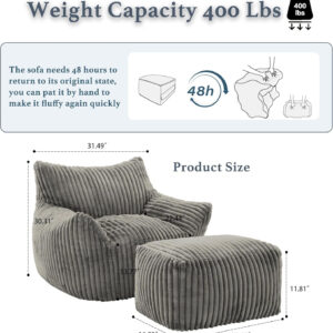 Giant Plush Bean Bag Chair for Adults with Armrests - Oversized Comfy Beige Beanbag Lounge Lazy Floor Sofa Accent Chair for Living Room, Bedroom & Dorm, Cozy Fluffy Single Cloud Mini Couch