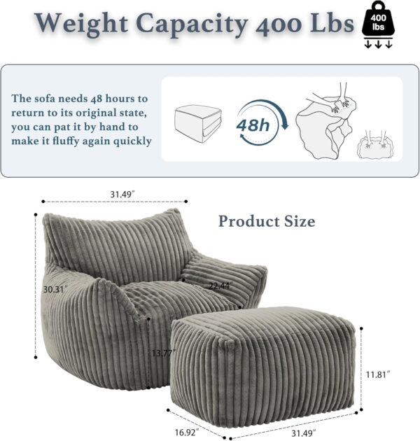 Giant Plush Bean Bag Chair for Adults with Armrests - Oversized Comfy Beige Beanbag Lounge Lazy Floor Sofa Accent Chair for Living Room, Bedroom & Dorm, Cozy Fluffy Single Cloud Mini Couch