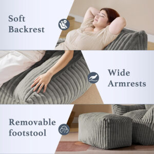 Giant Plush Bean Bag Chair for Adults with Armrests - Oversized Comfy Beige Beanbag Lounge Lazy Floor Sofa Accent Chair for Living Room, Bedroom & Dorm, Cozy Fluffy Single Cloud Mini Couch