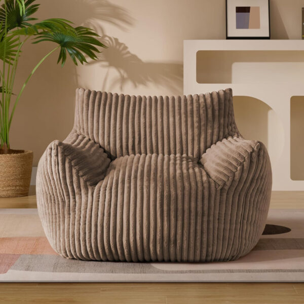 Giant Plush Bean Bag Chair for Adults with Armrests - Oversized Comfy Beige Beanbag Lounge Lazy Floor Sofa Accent Chair for Living Room, Bedroom & Dorm, Cozy Fluffy Single Cloud Mini Couch
