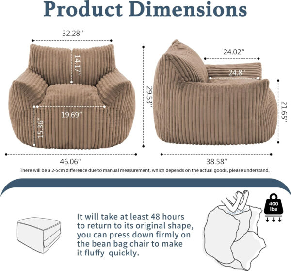 Giant Plush Bean Bag Chair for Adults with Armrests - Oversized Comfy Beige Beanbag Lounge Lazy Floor Sofa Accent Chair for Living Room, Bedroom & Dorm, Cozy Fluffy Single Cloud Mini Couch