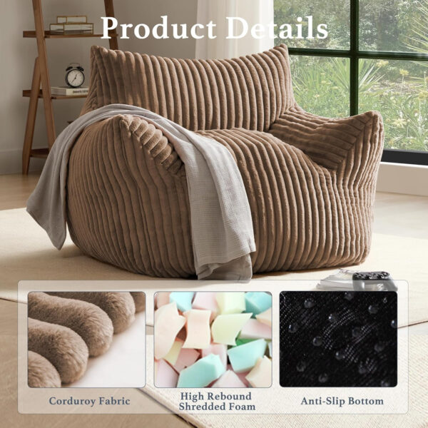 Giant Plush Bean Bag Chair for Adults with Armrests - Oversized Comfy Beige Beanbag Lounge Lazy Floor Sofa Accent Chair for Living Room, Bedroom & Dorm, Cozy Fluffy Single Cloud Mini Couch