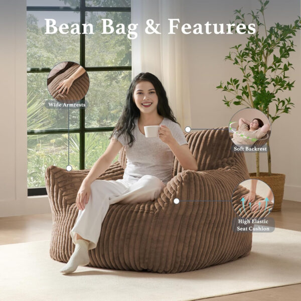 Giant Plush Bean Bag Chair for Adults with Armrests - Oversized Comfy Beige Beanbag Lounge Lazy Floor Sofa Accent Chair for Living Room, Bedroom & Dorm, Cozy Fluffy Single Cloud Mini Couch