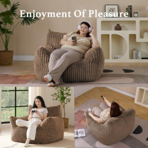 Giant Plush Bean Bag Chair for Adults with Armrests - Oversized Comfy Beige Beanbag Lounge Lazy Floor Sofa Accent Chair for Living Room, Bedroom & Dorm, Cozy Fluffy Single Cloud Mini Couch