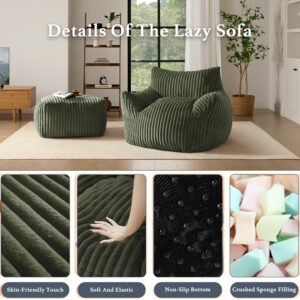 Giant Plush Bean Bag Chair for Adults with Armrests - Oversized Comfy Beige Beanbag Lounge Lazy Floor Sofa Accent Chair for Living Room, Bedroom & Dorm, Cozy Fluffy Single Cloud Mini Couch