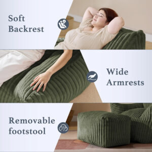 Giant Plush Bean Bag Chair for Adults with Armrests - Oversized Comfy Beige Beanbag Lounge Lazy Floor Sofa Accent Chair for Living Room, Bedroom & Dorm, Cozy Fluffy Single Cloud Mini Couch