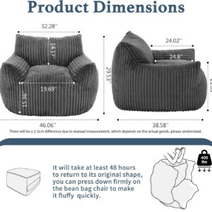 Giant Plush Bean Bag Chair for Adults with Armrests - Oversized Comfy Beige Beanbag Lounge Lazy Floor Sofa Accent Chair for Living Room, Bedroom & Dorm, Cozy Fluffy Single Cloud Mini Couch