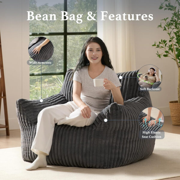 Giant Plush Bean Bag Chair for Adults with Armrests - Oversized Comfy Beige Beanbag Lounge Lazy Floor Sofa Accent Chair for Living Room, Bedroom & Dorm, Cozy Fluffy Single Cloud Mini Couch