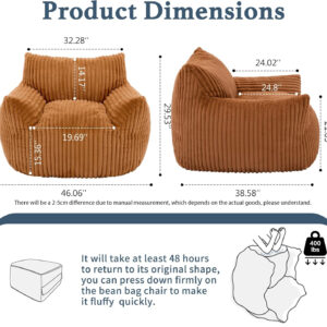 Giant Plush Bean Bag Chair for Adults with Armrests - Oversized Comfy Beige Beanbag Lounge Lazy Floor Sofa Accent Chair for Living Room, Bedroom & Dorm, Cozy Fluffy Single Cloud Mini Couch