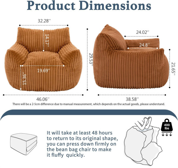 Giant Plush Bean Bag Chair for Adults with Armrests - Oversized Comfy Beige Beanbag Lounge Lazy Floor Sofa Accent Chair for Living Room, Bedroom & Dorm, Cozy Fluffy Single Cloud Mini Couch