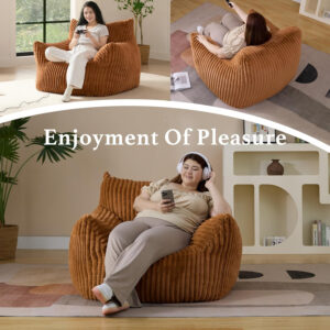 Giant Plush Bean Bag Chair for Adults with Armrests - Oversized Comfy Beige Beanbag Lounge Lazy Floor Sofa Accent Chair for Living Room, Bedroom & Dorm, Cozy Fluffy Single Cloud Mini Couch