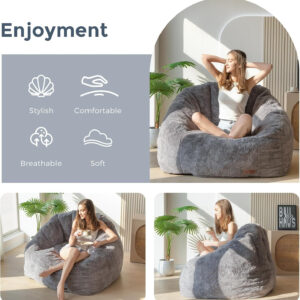 MAXYOYO Giant Bean Bag Chair, Oversized Bean Bag Couch for Adults and Kids, Faux Fur Shell-Shaped Large Chair with Filler, Stuffed Big Accent Sofa Lounge Floor Sofa for Gaming, Reading, Dark Grey