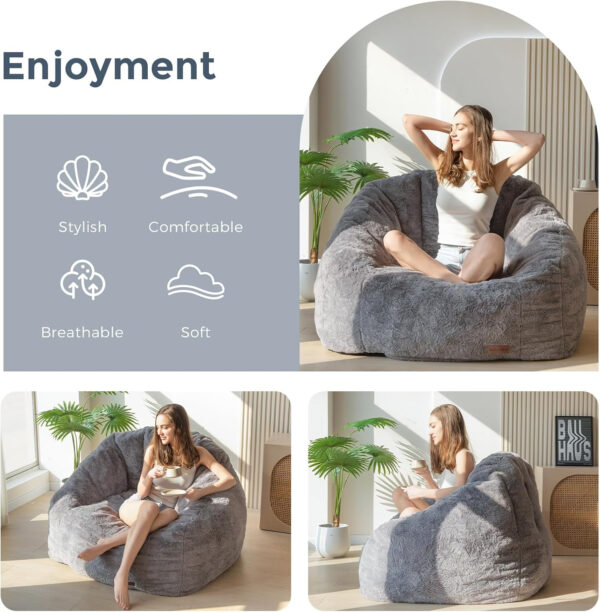 MAXYOYO Giant Bean Bag Chair, Oversized Bean Bag Couch for Adults and Kids, Faux Fur Shell-Shaped Large Chair with Filler, Stuffed Big Accent Sofa Lounge Floor Sofa for Gaming, Reading, Dark Grey