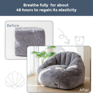 MAXYOYO Giant Bean Bag Chair, Oversized Bean Bag Couch for Adults and Kids, Faux Fur Shell-Shaped Large Chair with Filler, Stuffed Big Accent Sofa Lounge Floor Sofa for Gaming, Reading, Dark Grey