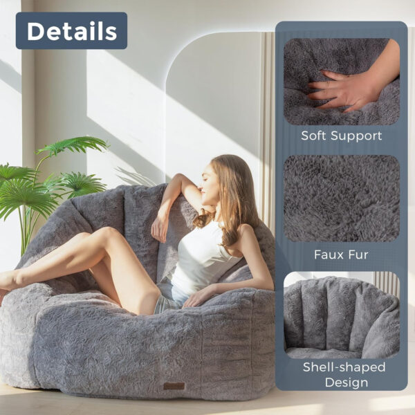 MAXYOYO Giant Bean Bag Chair, Oversized Bean Bag Couch for Adults and Kids, Faux Fur Shell-Shaped Large Chair with Filler, Stuffed Big Accent Sofa Lounge Floor Sofa for Gaming, Reading, Dark Grey