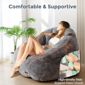MAXYOYO Giant Bean Bag Chair, Oversized Bean Bag Couch for Adults and Kids, Faux Fur Shell-Shaped Large Chair with Filler, Stuffed Big Accent Sofa Lounge Floor Sofa for Gaming, Reading, Dark Grey