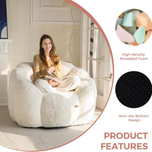 MAXYOYO Bean Bag Chair for Adults, Floral Shaped Bean Bag Sofa, Ultra Soft Faux Fur Floor Sofa, Large Reading Chair for Living Room Bedroom, Beige, Single
