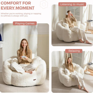 MAXYOYO Bean Bag Chair for Adults, Floral Shaped Bean Bag Sofa, Ultra Soft Faux Fur Floor Sofa, Large Reading Chair for Living Room Bedroom, Beige, Single